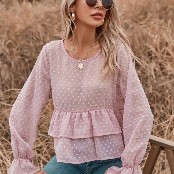 pink swiss dot ruffle babydoll long sleeve top - Picture 2 of 5